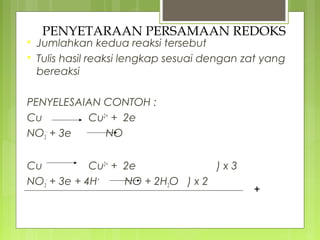 


PENYETARAAN PERSAMAAN REDOKS

Jumlahkan kedua reaksi tersebut
Tulis hasil reaksi lengkap sesuai dengan zat yang
bereaksi

PENYELESAIAN CONTOH :
Cu
Cu2+ + 2e
NO3- + 3e
NO
Cu
Cu2+ + 2e
)x3
NO3- + 3e + 4H+
NO + 2H2O ) x 2

+

 