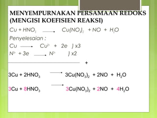 MENYEMPURNAKAN PERSAMAAN REDOKS
(MENGISI KOEFISIEN REAKSI)
Cu + HNO3

Cu(NO3)2 + NO + H2O

Penyelesaian :
Cu
Cu2+ + 2e ) x3
N5+ + 3e
N2+
) x2
+
3Cu + 2HNO3

3Cu(NO3)2 + 2NO + H2O

3Cu + 8HNO3

3Cu(NO3)2 + 2NO + 4H2O

 