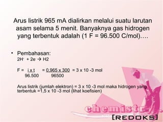 Arus listrik 965 mA dialirkan melalui suatu larutan asam selama 5 menit. Banyaknya gas hidrogen yang terbentuk adalah (1 F = 96.500 C/mol)…. ,[object Object],[object Object],[object Object],[object Object],[object Object]