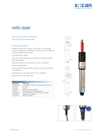 © s::can Messtechnik GmbH (2017)
www.s-can.at
redo::lyser
∙
∙ s::can plug & measure
∙
∙ measuring principle: unique, non-porous / non-leaking
combined reference electrode for technically unrivalled and
consistend ORP performance
∙
∙ multiparameter sensor
∙
∙ ideal for surface water, ground water and drinking water,
also waste water
∙
∙ long term stable and maintenance free in operation
∙
∙ factory precalibrated
∙
∙ mounting and measurement directly in the media (InSitu)
or in flow cell
∙
∙ operation via s::can terminals & s::can software
∙
∙ plug connection or fixed cable
35
38
33
27,6
255
33
27,6
54
257
Messgeräte Sonstige Daten
recommended accessories
part number article name
C-1-010-sensor 1 m connection cable for s::can physical and ISE probes
D-315-xxx con::cube
D-319-xxx con::lyte
F-12-sensor carrier s::can physical probes
F-45-four flow cell for four s::can physical probes
F-46-four-iscan i::scan flow cell for up to 3 additional s::can probes
F-45-sensor flow cell for s::can sensor
S-11-xx-moni moni::tool Software
redo::lyser monitors ORP and temperature
redo::lyser pro: high temperature range
 