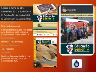 4 Módulos :
I Março a Junho de 2013;
II Setembro 2013 a Junho 2014;
III Outubro 2014 a Junho 2015;
IV Outubro 2015 a Junho 2016;
Objectivo geral:
Desenvolvimento de
Competências básicas e o gosto
pela Escrita e pela Leitura e
inovação com novos públicos;
Periodicidade:
semanal -120 minutos;
Pessoas abrangidas:
45 – Pessoas;
Avaliação:
Positiva .Boa recetividade por
parte dos alunos, rácio de
desinteresse 10%.
 