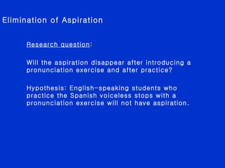 Elimination of Aspiration Research question :  Will the aspiration disappear after introducing a pronunciation exercise and after practice? Hypothesis: English-speaking students who practice the Spanish voiceless stops with a pronunciation exercise will not have aspiration. 