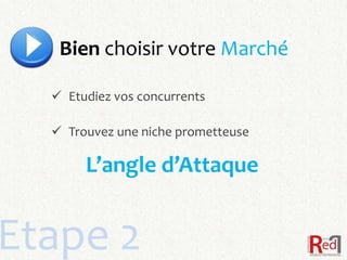 Bien choisir votre Marché

   Etudiez vos concurrents

   Trouvez une niche prometteuse

       L’angle d’Attaque


Etape 2
 