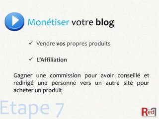 Monétiser votre blog

      Vendre vos propres produits

      L’Affiliation

 Gagner une commission pour avoir conseillé et
 redirigé une personne vers un autre site pour
 acheter un produit


Etape 7
 