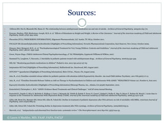 Sources:
 Gibbons RD, Hur K, Bhaumik DK, Mann JJ. The relationship between antidepressant medication use and rate of suicide. Archives of General Psychiatry. 2005;62:165-172.

 Faraone, Stephen, PhD; Biederman, Joseph, M.D, et. al. “Effects of Stimulants on Height and Weight: A Review of the Literature.” Journal of the American Academy of Child and Adolescent
Psychiatry. 2008; 47(9): 994-1009.

 Fluoxetine [FULL PRESCRIBING INFORMATION]. Edgemont Pharmaceuticals, LLC Austin, TX 78731; October 2011.

 FOCALIN XR (dexmethylphenidate hydrochloride) [Highlights of Prescribing Information]. Novartis Pharmaceuticals Corporation, East Hanover, New Jersey; October 2009.

 Gleason, Mary Margaret, M.D., et. al. “Psychopharmacological Treatment for Very Young Children: Contexts and Guidelines.” Journal of the American Academy of Child and Adolescent
Psychiatry. 2007; 46(12): 1532-1546.

 Green, Wayne Hugo. Child & Adolescent Clinical Psychopharmacology, 4th Ed. Philadelphia, Lippincott Williams & Wilkins, 2007.

 Hammad TA, Laughren, T, Racoosin, J. Suicidality in pediatric patients treated with antidepressant drugs. Archives of General Psychiatry. 2006;63:332-339.

 Hilt, RJ. “Monitoring psychiatric medications in children” Pediatric Ann. 2012 Apr;41(4):157-63

 Imipramine HCl Oral [Highlights of Prescribing Information]. Mallinckrodt Inc. Hazelwood, MO; August 2007.

 INTUNIV™ (guanfacine) [Highlights of Prescribing Information]. Shire US Inc., Wayne, PA; August 2009.

 Jain, R., et al, Clonidine extended-release tablets for pediatric patients with attention-deficit/hyperactivity disorder. Am Acad Child Adolesc Psychiatry. 2011 Feb;50(2):171-9

 Jain, R., et al. “Clonidine Extended-Release Tablets as Add-on Therapy to Psychostimulants in Children and Adolescents With ADHD.” PEDIATRICS Volume 127, Number 6, June 2011

 Kapvay® (clonidine hydrochloride) [Highlights of Prescribing Information] Shionogi Pharma, Inc., Atlanta, GA 30328; September, 2010.

 Kratochchvil, Christopher J., M.D. “ADHD: Evidence-Based Treatments and Clinical Challenges.” AACAP 2009 Annual Meeting.
 Kratochvil C, Emslie G, Silva S, McNulty S, Walkup J, Curry J, Reinecke M, Vitiello B, Rohde P, Feeny N, Casat C, Pathak S, Weller E, May D, Mayes T, Robins M, March J. Acute time to
response in the Treatment for Adolescents With Depression Study (TADS). Journal of the American Academy of Child and Adolescent Psychiatry. 2006;45:1412-1418.
 Libby AM, Brent DA, Morrato EH, Orton HD, Allen R, Valuck RJ. Decline in treatment of pediatric depression after FDA advisory on risk of suicidality with SSRIs. American Journal of
Psychiatry. 2007;164(6):884-91.
 Libby AM, Orton HD, Valuck RJ. Persisting decline in depression treatment after FDA warnings. Archives of General Psychiatry. 2009;66(6):633-9.
 Marwick, et al. “Antipsychotics and abnormal liver function tests: systematic review.” Clin Neuropharmacol. 2012 Sep-Oct; 35(5):244-53.
© Laura A Markley, MD, FAAP, FAPA, FACLP
 