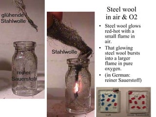 Steel wool in air & O2 Steel wool glows red-hot with a small flame in air. That glowing steel wool bursts into a larger flame in pure oxygen. (in German: reiner Sauerstoff) 