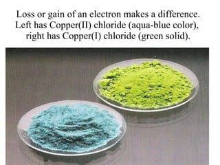 Loss or gain of an electron makes a difference. Left has Copper(II) chloride (aqua-blue color),  right has Copper(I) chloride (green solid). 