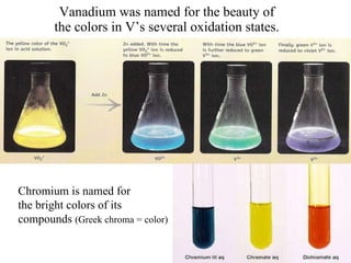 Vanadium was named for the beauty of the colors in V’s several oxidation states. Chromium is named for the bright colors of its  compounds  (Greek chroma = color) 