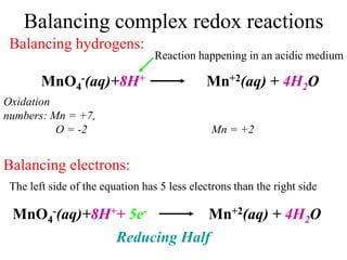 Balancing complex redox reactions
MnO4
-(aq)+8H+ Mn+2(aq) + 4H2O
Balancing hydrogens:
Oxidation
numbers: Mn = +7,
O = -2 Mn = +2
Balancing electrons:
The left side of the equation has 5 less electrons than the right side
MnO4
-(aq)+8H++ 5e- Mn+2(aq) + 4H2O
Reducing Half
Reaction happening in an acidic medium
 