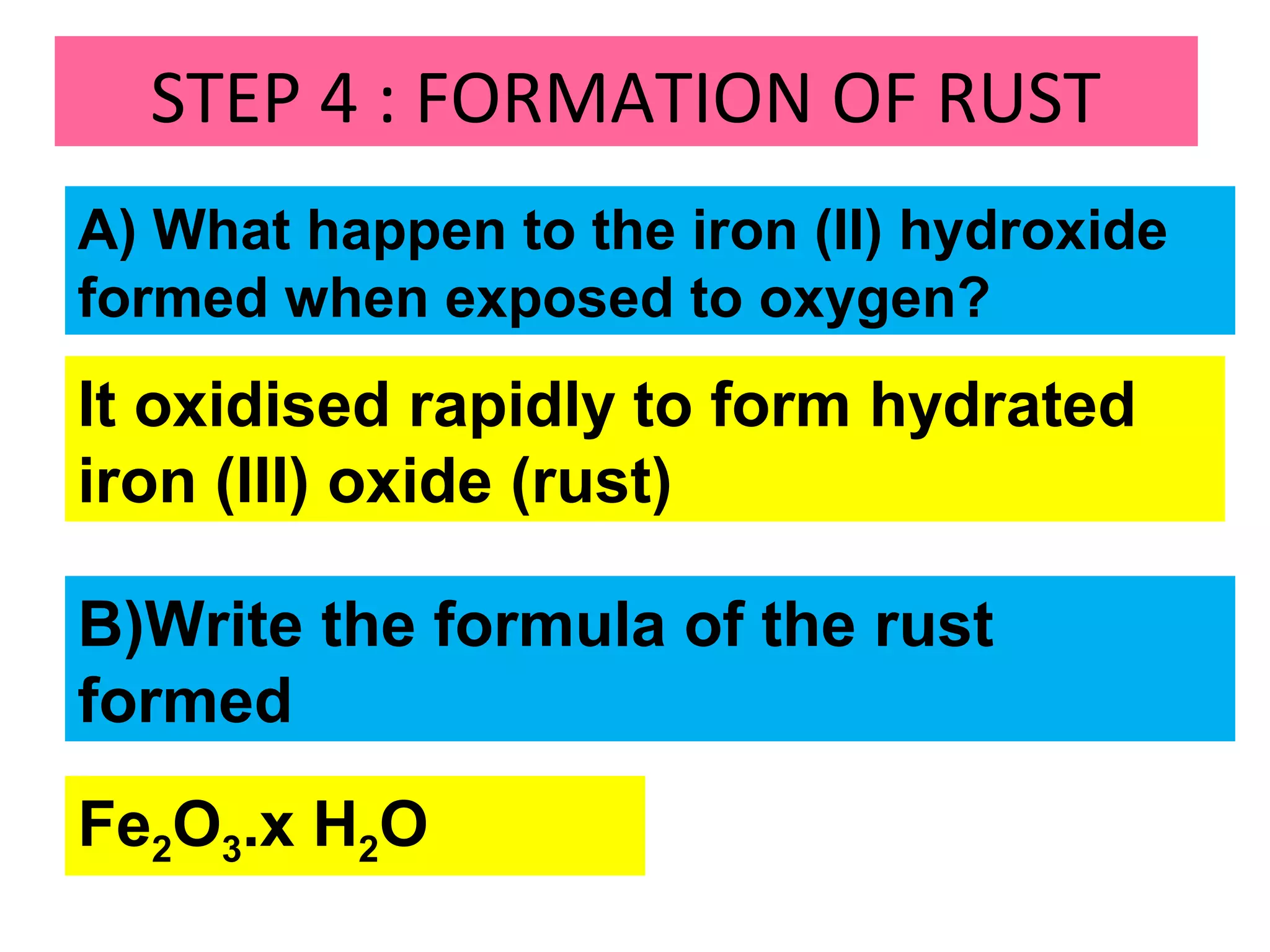 STEP 4 : FORMATION OF RUST
A) What happen to the iron (II) hydroxide
formed when exposed to oxygen?
It oxidised rapidly to form hydrated
iron (III) oxide (rust)
B)Write the formula of the rust
formed
Fe2O3.x H2O
 
