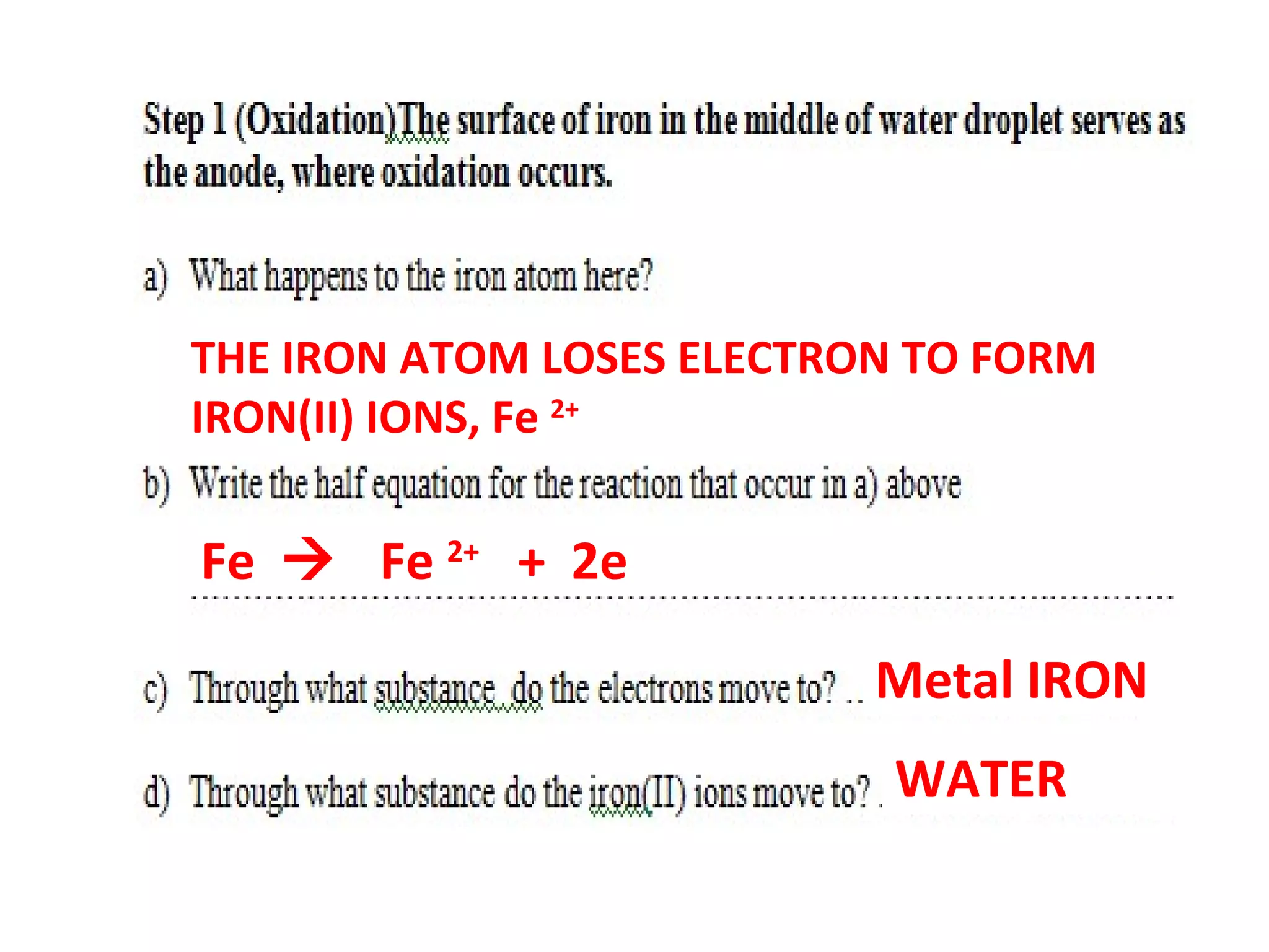 THE IRON ATOM LOSES ELECTRON TO FORM
IRON(II) IONS, Fe 2+
Fe  Fe 2+
+ 2e
Metal IRON
WATER
 