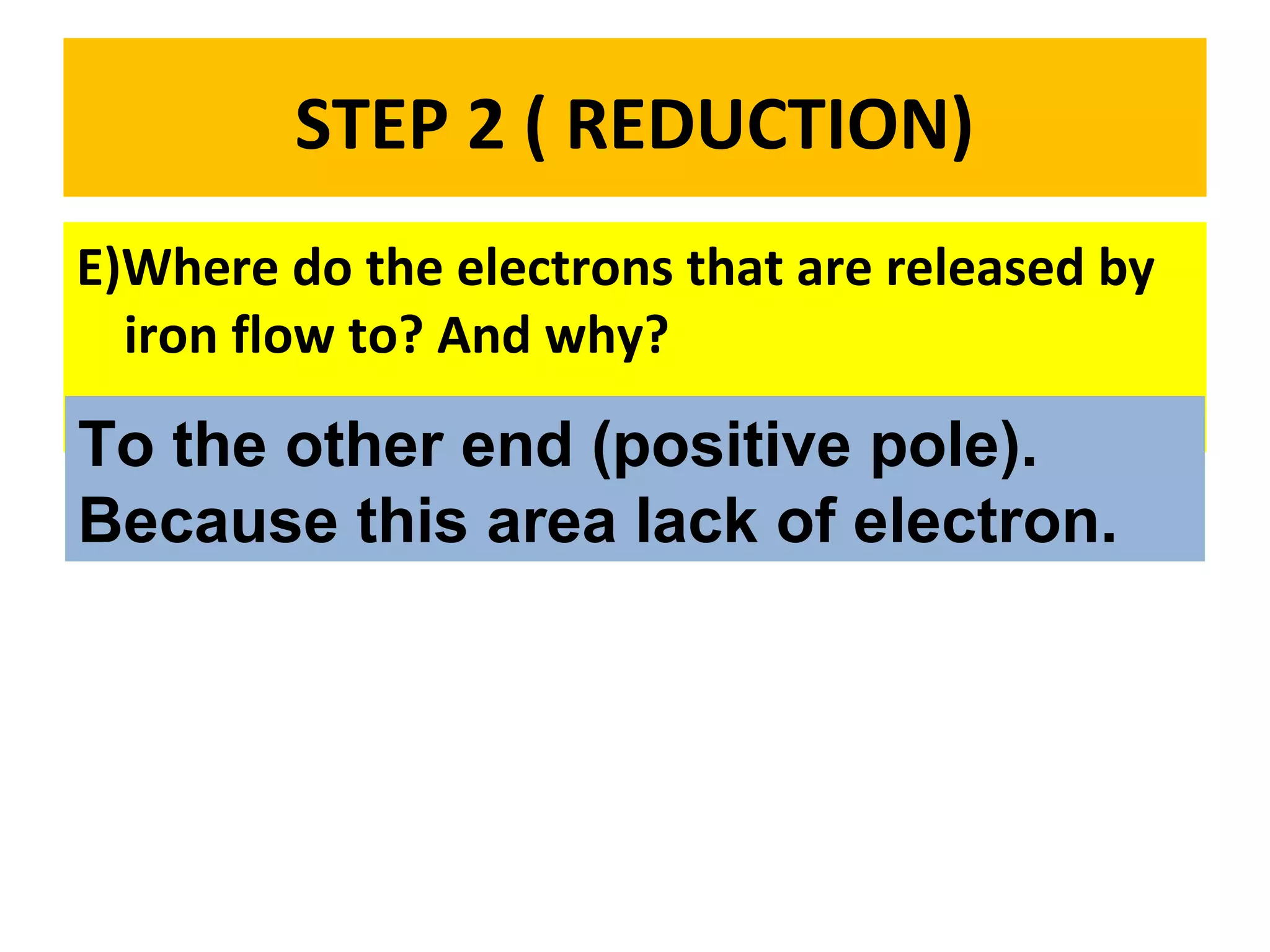 STEP 2 ( REDUCTION)
E)Where do the electrons that are released by
iron flow to? And why?
To the other end (positive pole).
Because this area lack of electron.
 