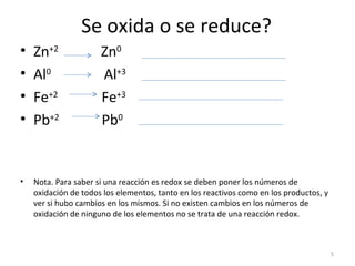 Se oxida o se reduce? Zn +2   Zn 0  Al 0   Al +3 Fe +2  Fe +3 Pb +2   Pb 0 Nota. Para saber si una reacción es redox se deben poner los números de oxidación de todos los elementos, tanto en los reactivos como en los productos, y ver si hubo cambios en los mismos. Si no existen cambios en los números de oxidación de ninguno de los elementos no se trata de una reacción redox. 