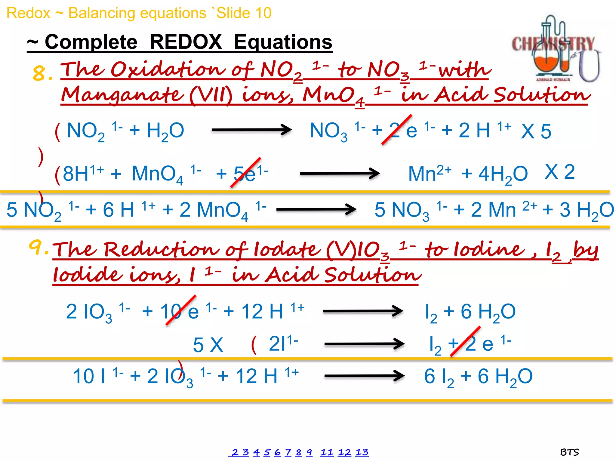~ Complete REDOX Equations
8. The Oxidation of NO2
1- to NO3
1-with
Manganate (VII) ions, MnO4
1- in Acid Solution
The Reduction of Iodate (V)IO3
1- to Iodine , I2 ,by
Iodide ions, I 1- in Acid Solution
9.
MnO4
1- Mn2+
+ 5e1-
+
8H1+ + 4H2O
NO2
1- + H2O NO3
1- + 2 e 1- + 2 H 1+
(
)
(
)
X 5
X 2
5 NO2
1- + 6 H 1+ + 2 MnO4
1- 5 NO3
1- + 2 Mn 2+ + 3 H2O
2 IO3
1- + 10 e 1- + 12 H 1+ I2 + 6 H2O
2I1- I2 + 2 e 1-
(
)
5 X
10 I 1- + 2 IO3
1- + 12 H 1+ 6 I2 + 6 H2O
Redox ~ Balancing equations `Slide 10
2 3 4 5 6 7 8 9 11 12 13 BTS
 
