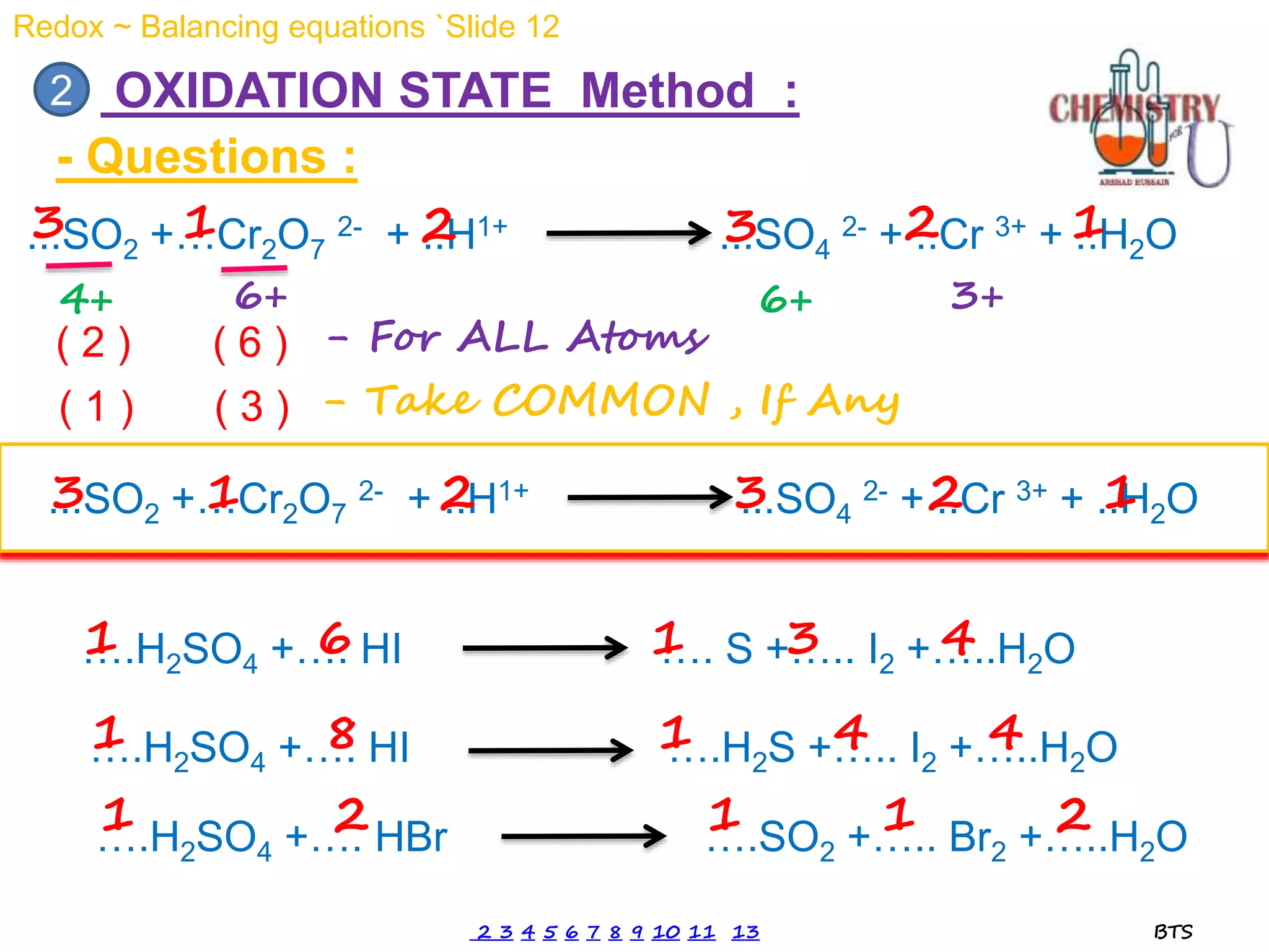 ...SO2 +…Cr2O7
2- + ..H1+ ...SO4
2- + ..Cr 3+ + ..H2O
OXIDATION STATE Method :
2
- Questions :
4+ 6+
6+ 3+
( 2 ) ( 6 )
( 3 )
( 1 ) - Take COMMON , If Any
- For ALL Atoms
...SO2 +…Cr2O7
2- + ..H1+ ...SO4
2- + ..Cr 3+ + ..H2O
3 1 3 2 1
2
3 1 2 3 2 1
….H2SO4 +…. HI …. S +….. I2 +…..H2O
….H2SO4 +…. HI ….H2S +….. I2 +…..H2O
….H2SO4 +…. HBr ….SO2 +….. Br2 +…..H2O
1 6 1 3 4
1 8 1 4 4
1 2 1 1 2
Redox ~ Balancing equations `Slide 12
2 3 4 5 6 7 8 9 10 11 13 BTS
 