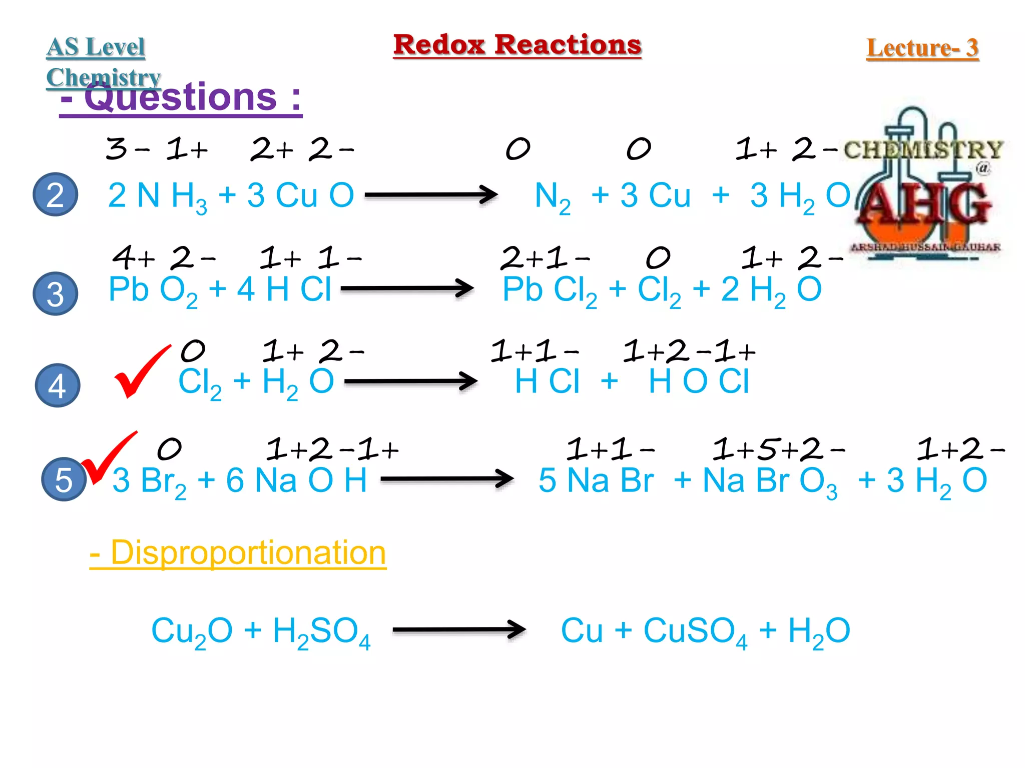 2 N H3 + 3 Cu O N2 + 3 Cu + 3 H2 O
- Questions :
3- 1+ 2+ 2- 0 0 1+ 2-
Pb O2 + 4 H Cl Pb Cl2 + Cl2 + 2 H2 O
2
3
4 Cl2 + H2 O H Cl + H O Cl
5 3 Br2 + 6 Na O H 5 Na Br + Na Br O3 + 3 H2 O
4+ 2- 1+ 1- 2+1- 0 1+ 2-
0 1+ 2- 1+1- 1+2-1+
0 1+2-1+ 1+1- 1+5+2- 1+2-


- Disproportionation
Cu2O + H2SO4 Cu + CuSO4 + H2O
Redox Reactions Lecture- 3
AS Level
Chemistry
 
