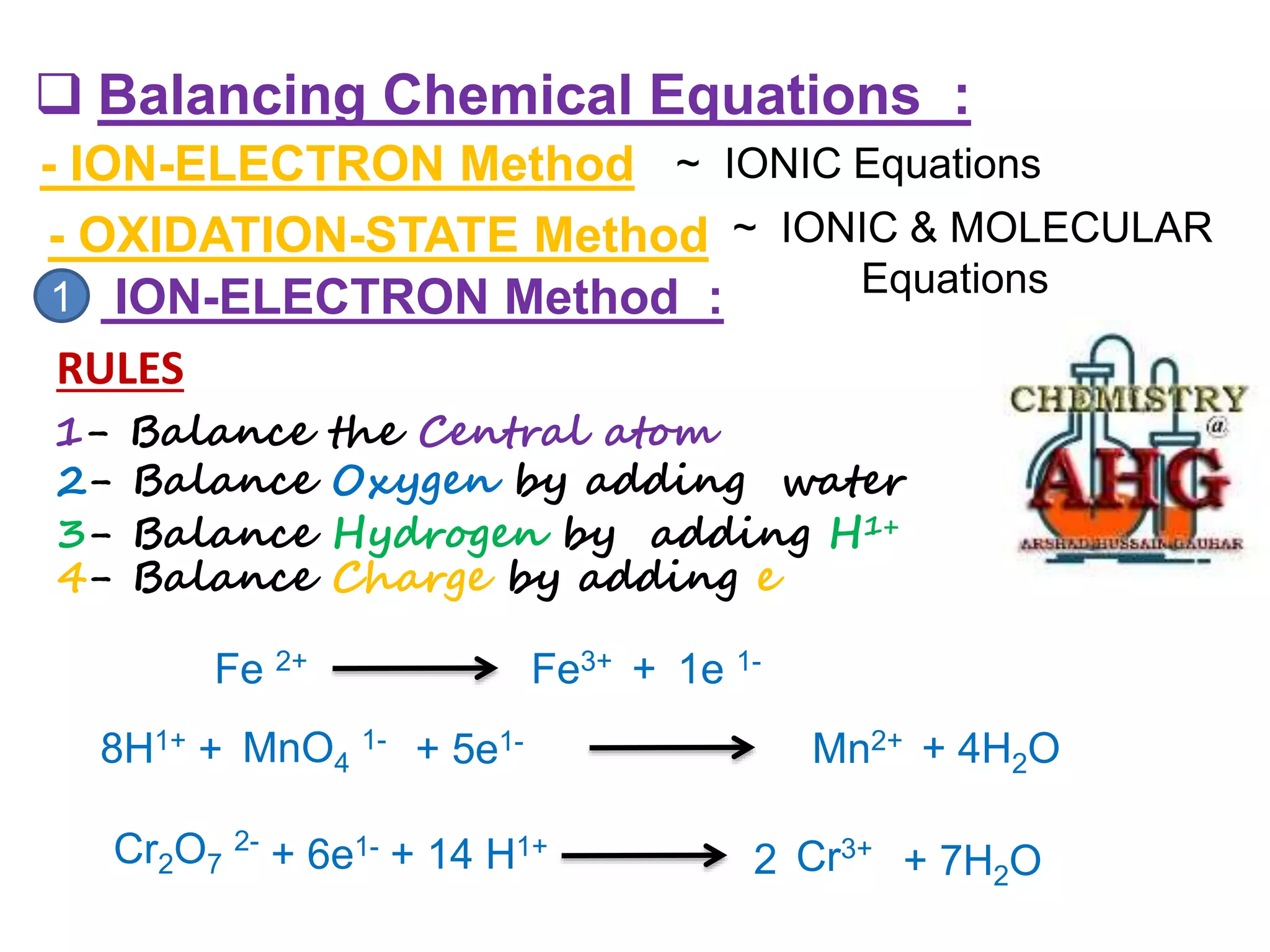  Balancing Chemical Equations :
- ION-ELECTRON Method
- OXIDATION-STATE Method
~ IONIC Equations
1 ION-ELECTRON Method :
~ IONIC & MOLECULAR
Equations
RULES
1- Balance the Central atom
2- Balance Oxygen by adding water
3- Balance Hydrogen by adding H1+
4- Balance Charge by adding e
Fe 2+ Fe3+ + 1e 1-
MnO4
1- Mn2+
+ 5e1-
+
8H1+ + 4H2O
Cr2O7
2-
Cr3+
+ 6e1- + 14 H1+
+ 7H2O
2
 