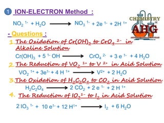 NO2
1-
1 ION-ELECTRON Method :
NO3
1-
+ 2e 1- + 2H 1+
+ H2O
- Questions :
1.The Oxidation of Cr(OH)3 to CrO4
2- in
Alkaline Solution
Cr(OH)3 CrO4
2- + 3 e 1-
+ 5 1- OH + 4 H2O
2.The Reduction of VO2
1+ to V 2+ in Acid Solution
VO2
1+ V2+
+ 3e1- + 4 H 1+ + 2 H2O
The Oxidation of H2C2O4 to CO2 in Acid Solution
3.
+ 2 H 1+
H2C2O4 CO2 + 2 e 1-
4. The Reduction of IO3
1- to I2 in Acid Solution
IO3
1- + 6 H2O
I2
2 + 10 e1- + 12 H1+
2
 