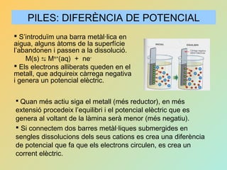 PILES: DIFERÈNCIA DE POTENCIAL
 S’introduïm una barra metàl·lica en
aigua, alguns àtoms de la superfície
l’abandonen i passen a la dissolució.
M(s) ⇆ Mn+
(aq) + ne-
 Els electrons alliberats queden en el
metall, que adquireix càrrega negativa
i genera un potencial elèctric.
 Quan més actiu siga el metall (més reductor), en més
extensió procedeix l’equilibri i el potencial elèctric que es
genera al voltant de la làmina serà menor (més negatiu).
 Si connectem dos barres metàl·liques submergides en
sengles dissolucions dels seus cations es crea una diferència
de potencial que fa que els electrons circulen, es crea un
corrent elèctric.
 