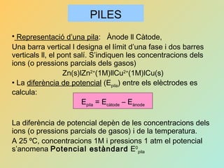 PILES
 Representació d’una pila: Ànode ll Càtode,
Una barra vertical l designa el límit d’una fase i dos barres
verticals ll, el pont salí. S’indiquen les concentracions dels
ions (o pressions parcials dels gasos)
Zn(s)lZn2+
(1M)llCu2+
(1M)lCu(s)
 La diferència de potencial (Epila) entre els elèctrodes es
calcula:
Epila = Ecàtode – Eànode
La diferència de potencial depèn de les concentracions dels
ions (o pressions parcials de gasos) i de la temperatura.
A 25 ºC, concentracions 1M i pressions 1 atm el potencial
s’anomena Potencial estàndard E0
pila
 