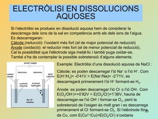 23
ELECTRÒLISI EN DISSOLUCIONS
AQUOSES
Si l’electròlisi es produeix en dissolució aquosa hem de considerar la
descàrrega dels ions de la sal en competència amb els dels ions de l’aigua.
Es descarregaran:
Càtode (reducció): l’oxidant més fort (el de major potencial de reducció)
Ànode (oxidació): el reductor més fort (el de menor potencial de reducció),
Cal la possibilitat que l'elèctrode siga metàl·lic i tambè puga oxidar-se.
També s’ha de contemplar la possible sobretensió d’alguns elements.
Exemple: Electròlisi d’una dissolució aquosa de NaCl :
Càtode; es poden descarregar l’ió Na+
o l’ió H+
. Com
E(H+
/H2)= -0’41V > E(Na+
/Na)= -2’71V, es
descarregarà primerament l’ió H+
formant-se H2.
Ànode: es poden descarregar l’ió Cl-
o l’ió OH-
. Com
E(O2/OH-
)=+0’82V < E(Cl2/Cl-
)=1’36V, hauria de
descarregar-se l’ió OH-
i formar-se O2, peró la
sobretensió de l’oxigen és molt gran i es descarrega
primerament el Cl-
formant-se Cl2. Si l’elèctrode fòra
de Cu, com E(Cu2+
/Cu)<E(Cl2/Cl-
) s’oxidaria
 