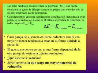 • Las pilas producen una diferencia de potencial (∆Epila) que puede
considerarse como la diferencia entre los potenciales de reducción de
los dos electrodos que la conforman.
• Consideraremos que cada semireacción de reducción viene dada por un
potencial de reducción. Como en el cátodo se produce la reducción, en
todas las pilas Ecatodo > Eánodo.

∆E = Ecátodo − Eánodo

• Cada pareja de sustancia oxidante-reductora tendrá una
mayor o menor tendencia a estar en su forma oxidada o
reducida.
• El que se encuentre en una u otra forma dependerá de la
otra pareja de sustancia oxidante-reductora.
• ¿Qué especie se reducirá?
• Sencillamente, la que tenga un mayor potencial de
reducción.
35

 