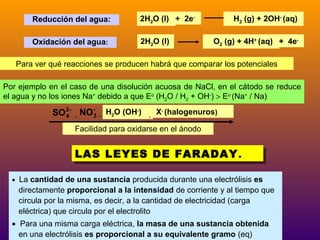 Reducción del agua:

2H2O (l) + 2e-

Oxidación del agua:

2H2O (l)

H2 (g) + 2OH- (aq)
O2 (g) + 4H+ (aq) + 4e-

Para ver qué reacciones se producen habrá que comparar los potenciales
Por ejemplo en el caso de una disolución acuosa de NaCl, en el cátodo se reduce
el agua y no los iones Na+ debido a que Eo (H2O / H2 + OH-) > Eo (Na+ / Na)

SO 2- , NO - , H2O (OH-)
3
4

, X (halogenuros)

Facilidad para oxidarse en el ánodo

LAS LEYES DE FARADAY ..
LAS LEYES DE FARADAY
• La cantidad de una sustancia producida durante una electrólisis es

directamente proporcional a la intensidad de corriente y al tiempo que
circula por la misma, es decir, a la cantidad de electricidad (carga
eléctrica) que circula por el electrolito
• Para una misma carga eléctrica, la masa de una sustancia obtenida
45
en una electrólisis es proporcional a su equivalente gramo (eq)

 