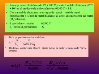 •
•

•

•

•

La carga de un electrón es de 1’6 x 10–19 C y la de 1 mol de electrones (6’02
x 1023) es el producto de ambos números: 96500 C = 1 F.
Con un mol de electrones se es capaz de reducir 1 mol de metal
monovalente o ½ mol de metal divalente, es decir, un equivalente del metal
(Mat/valencia).
1 equivalente precisa
neq (m (g)/Meq) precisarán

96500 C
Q

De la proporción anterior se deduce:
m
Q
neq = —— = —————
Meq
96500 C/eq
De donde, sustituyendo Q por I · t (más fáciles de medir) y despejando “m” se
obtiene:

m ( g) =

M eq × I × t
96500

M at × I × t
=
nº e × 96500 49

 