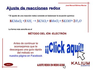 Ajuste de reacciones redoxAjuste de reacciones redox
El ajuste de una reacción redox consiste en balancear la ecuación química:
José Manuel Bélmez Macías
ÍNDICE
La forma más sencilla es el
MÉTODO DEL IÓN -ELECTRÓN
OHKOHMnOKNONHKMnO 2234 258338 +++→+
Antes de continuar te
aconsejamos que te
descargues una guía rápida
del método en
nuestra página en Facebook
3
 