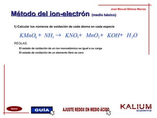 Método del ion-electrónMétodo del ion-electrón (medio básico)(medio básico)
1) Calcular los números de oxidación de cada átomo en cada especie
José Manuel Bélmez Macías
ÍNDICE
REGLAS:
El estado de oxidación de un ion monoatómico es igual a su carga
El estado de oxidación de un elemento libre es cero
OHKOHMnOKNONHKMnO 2234
+++→+ 3
 