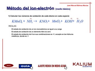 Método del ion-electrónMétodo del ion-electrón (medio básico)(medio básico)
1) Calcular los números de oxidación de cada átomo en cada especie
José Manuel Bélmez Macías
ÍNDICE
REGLAS:
+1 +1
El estado de oxidación de un ion monoatómico es igual a su carga
El estado de oxidación de un elemento libre es cero
El estado de oxidación de H en sus combinaciones es +1, excepto en los hidruros
metálicos, donde es -1
OHKOHMnOKNONHKMnO 2234
+++→+ 3
+1
 