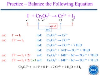 33
Practice – Balance the Following Equation
I– + Cr2O7
2- → Cr3+ + I2
+6 0
+3
-1
oxid
red
ox: I– → I2 red: Cr2O7
2– → Cr3+
-2
ox: 2 I– → I2 red: Cr2O7
2– → 2 Cr3+
red: Cr2O7
2– → 2 Cr3+ + 7 H2O
red: Cr2O7
2– + 14H+→ 2Cr3+ + 7H2O
ox: 2 I– → I2 + 2e- red: Cr2O7
2– + 14H+ + 6e- → 2Cr3+ + 7H2O
ox: 2 I– → I2 + 2e-}x3 red: Cr2O7
2– + 14H+ + 6e- → 2Cr3+ + 7H2O
Cr2O7
2– + 14 H+ + 6 I– → 2 Cr3+ + 7 H2O + 3 I2
 