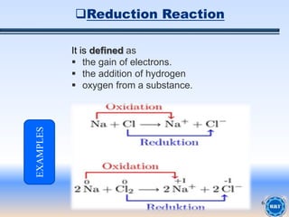 6
It is defined as
 the gain of electrons.
 the addition of hydrogen
 oxygen from a substance.
EXAMPLES
Reduction Reaction
 