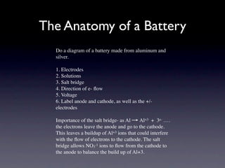 The Anatomy of a Battery
  Do a diagram of a battery made from aluminum and
  silver.

  1. Electrodes
  2. Solutions
  3. Salt bridge
  4. Direction of e- ﬂow
  5. Voltage
  6. Label anode and cathode, as well as the +/-
  electrodes

  Importance of the salt bridge- as Al     Al+3 + 3e- ….
  the electrons leave the anode and go to the cathode.
  This leaves a buildup of Al+3 ions that could interfere
  with the ﬂow of electrons to the cathode. The salt
  bridge allows NO3-1 ions to ﬂow from the cathode to
  the anode to balance the build up of Al+3.
 