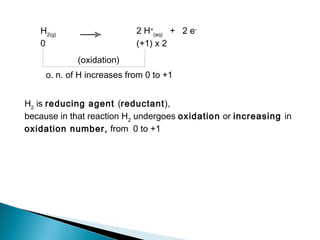 H2(g)
2 H+
(aq)
+ 2 e-
0 (+1) x 2
(oxidation)
o. n. of H increases from 0 to +1
H2
is reducing agent (reductant),
because in that reaction H2
undergoes oxidation or increasing in
oxidation number, from 0 to +1
 