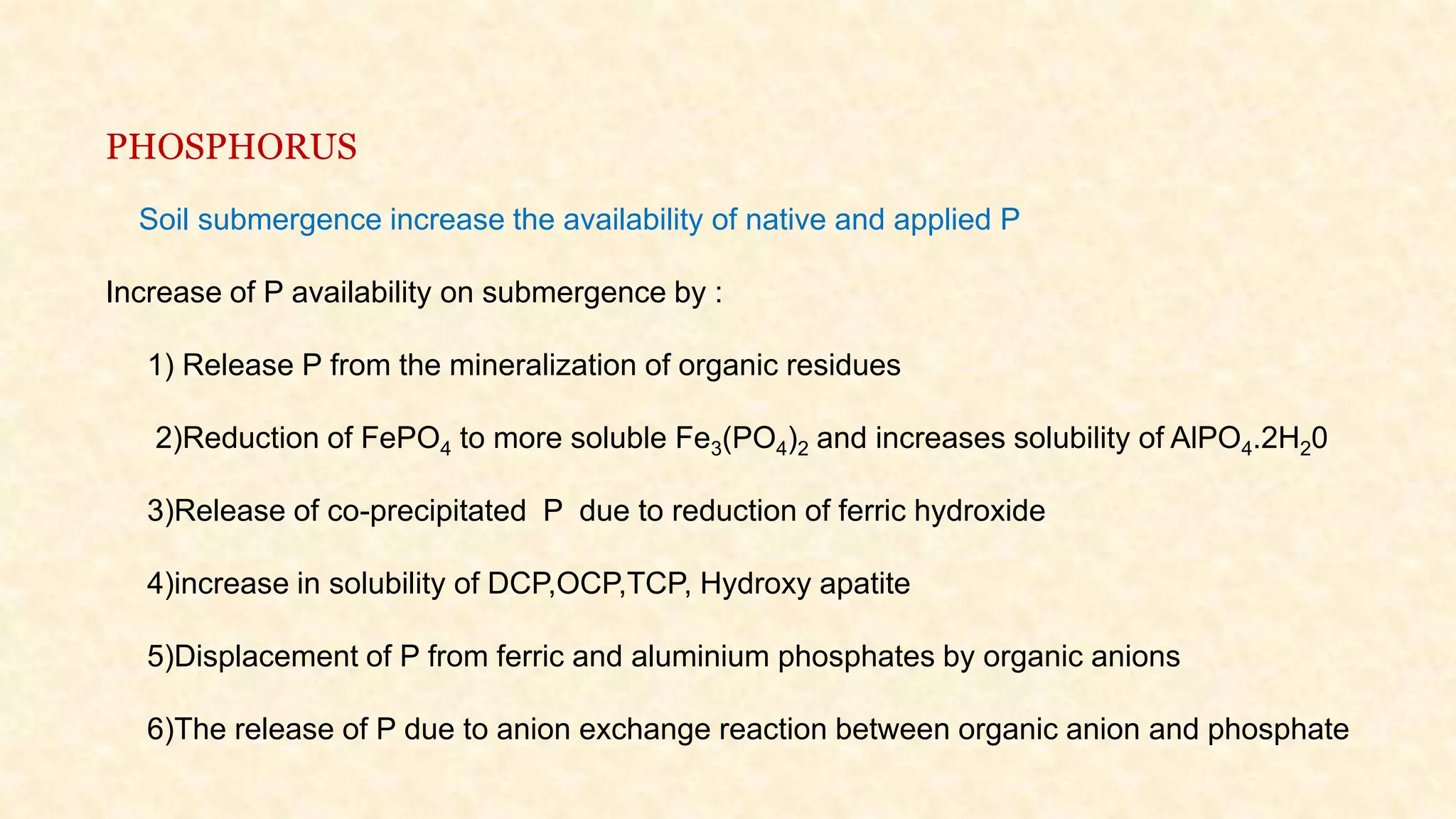 PHOSPHORUS
Soil submergence increase the availability of native and applied P
Increase of P availability on submergence by :
1) Release P from the mineralization of organic residues
2)Reduction of FePO4 to more soluble Fe3(PO4)2 and increases solubility of AlPO4.2H20
3)Release of co-precipitated P due to reduction of ferric hydroxide
4)increase in solubility of DCP,OCP,TCP, Hydroxy apatite
5)Displacement of P from ferric and aluminium phosphates by organic anions
6)The release of P due to anion exchange reaction between organic anion and phosphate
 