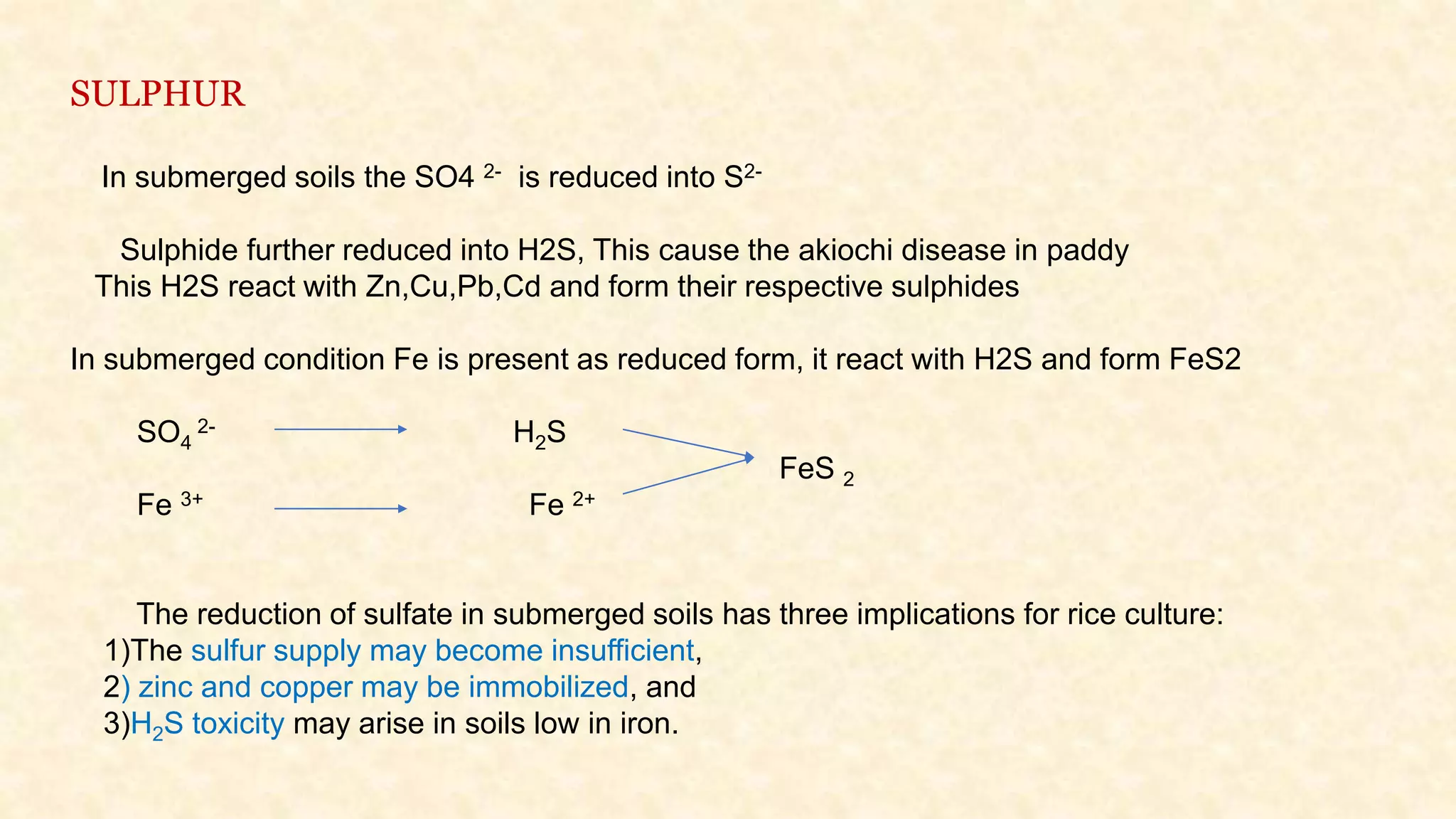 SULPHUR
In submerged soils the SO4 2- is reduced into S2-
Sulphide further reduced into H2S, This cause the akiochi disease in paddy
This H2S react with Zn,Cu,Pb,Cd and form their respective sulphides
In submerged condition Fe is present as reduced form, it react with H2S and form FeS2
SO4
2- H2S
FeS 2
Fe 3+ Fe 2+
The reduction of sulfate in submerged soils has three implications for rice culture:
1)The sulfur supply may become insufficient,
2) zinc and copper may be immobilized, and
3)H2S toxicity may arise in soils low in iron.
 