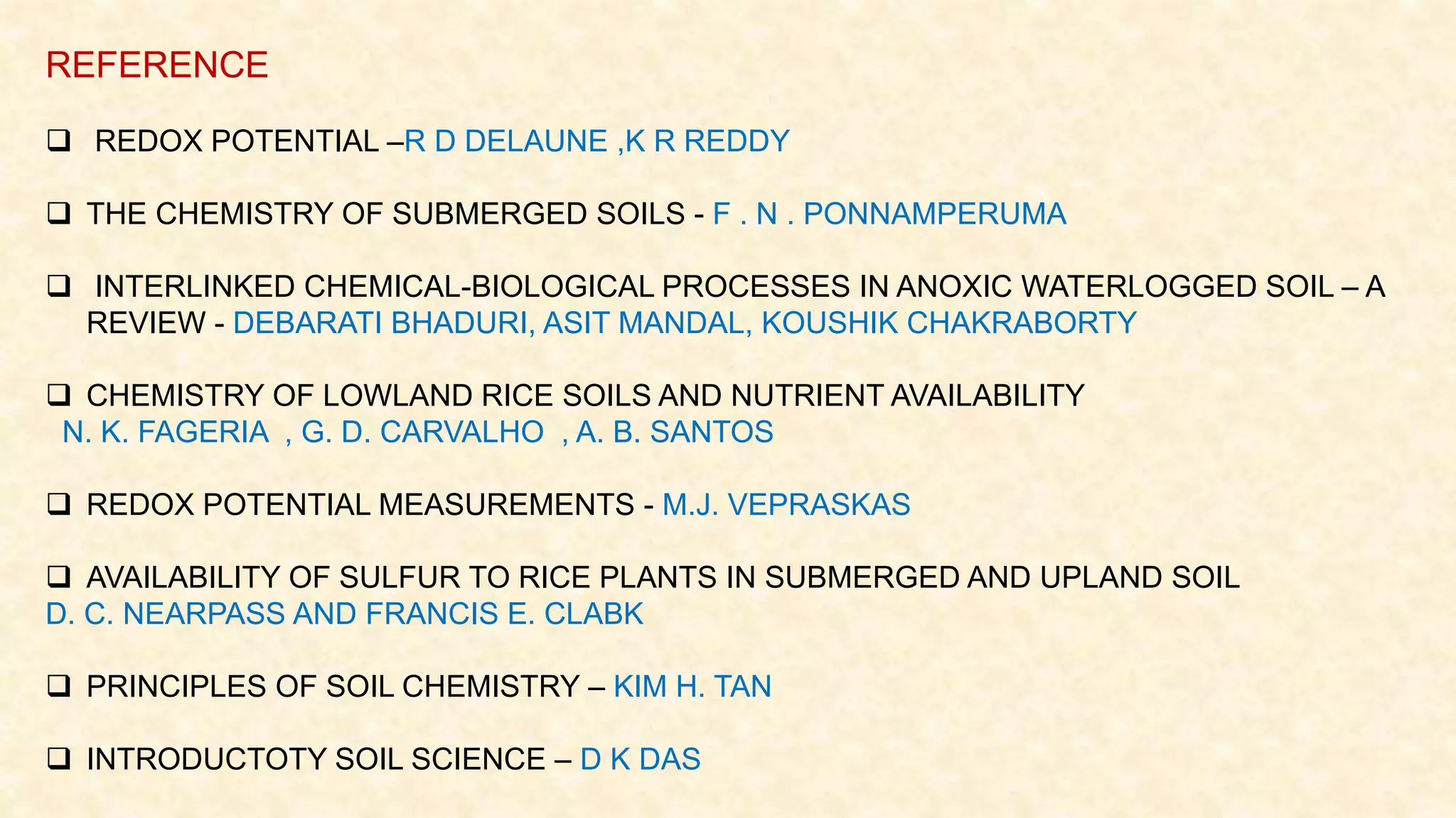 REFERENCE
 REDOX POTENTIAL –R D DELAUNE ,K R REDDY
 THE CHEMISTRY OF SUBMERGED SOILS - F . N . PONNAMPERUMA
 INTERLINKED CHEMICAL-BIOLOGICAL PROCESSES IN ANOXIC WATERLOGGED SOIL – A
REVIEW - DEBARATI BHADURI, ASIT MANDAL, KOUSHIK CHAKRABORTY
 CHEMISTRY OF LOWLAND RICE SOILS AND NUTRIENT AVAILABILITY
N. K. FAGERIA , G. D. CARVALHO , A. B. SANTOS
 REDOX POTENTIAL MEASUREMENTS - M.J. VEPRASKAS
 AVAILABILITY OF SULFUR TO RICE PLANTS IN SUBMERGED AND UPLAND SOIL
D. C. NEARPASS AND FRANCIS E. CLABK
 PRINCIPLES OF SOIL CHEMISTRY – KIM H. TAN
 INTRODUCTOTY SOIL SCIENCE – D K DAS
 