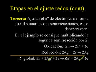 Etapas en el ajuste redox (cont).
Tercera: Ajustar el nº de electrones de forma
  que al sumar las dos semirreacciones, éstos
                                 desaparezcan.
  En el ejemplo se consigue multiplicando la
                segunda semirreacción por 2.
                    Oxidación: Zn → Zn2+ + 2e–
                    Oxidación
                  Reducción: 2Ag+ + 2e– → 2Ag
                  Reducción
    R. global: Zn + 2Ag+ + 2e– → Zn2+ + 2Ag + 2e–
 