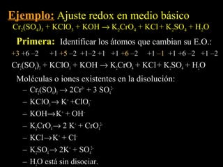 Ejemplo: Ajuste redox en medio básico
Cr2(SO4)3 + KClO3 + KOH → K2CrO4 + KCl + K2SO4 + H2O
 Primera: Identificar los átomos que cambian su E.O.:
+3 +6 –2     +1 +5 –2 +1–2 +1 +1 +6 –2   +1 –1 +1 +6 –2 +1 –2
Cr2(SO4)3 + KClO3 + KOH → K2CrO4 + KCl + K2SO4 + H2O
 Moléculas o iones existentes en la disolución:
   –   Cr2(SO4)3 → 2Cr3+ + 3 SO42–
   –   KClO3 → K+ +ClO3–
   –   KOH→ K+ + OH–
   –   K2CrO4 → 2 K+ + CrO42–
   –   KCl → K+ + Cl–
   –   K2SO4 → 2K+ + SO42–
   –   H2O está sin disociar.
 