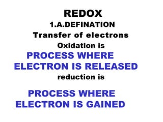 REDOX 1.A.DEFINATION Transfer of electrons   Oxidation is  reduction is  PROCESS WHERE ELECTRON IS RELEASED PROCESS WHERE ELECTRON IS GAINED 