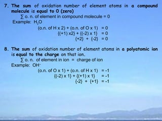 7. The sum of oxidation number of element atoms in a compound
   molecule is equal to 0 (zero)
       ∑ o. n. of element in compound molecule = 0
   Example: H2O
                (o.n. of H x 2) + (o.n. of O x 1) = 0
                           {(+1) x2} + {(-2) x 1} = 0
                                     {+2} + {-2} = 0

8. The sum of oxidation number of element atoms in a polyatomic ion
   is equal to the charge on that ion.
        ∑ o. n. of element in ion = charge of ion
   Example: OH−
                 (o.n. of O x 1) + (o.n. of H x 1) = -1
                          {(-2) x 1} + {(+1) x 1} = -1
                                      {-2} + {+1} = -1
 