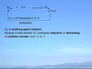 Cl2(g))   +    2 e-                 Cl-(aq
 0                                       (-1) x 2

   (o. n. of Cl decreases 0 to -1)

               (reduction)

Cl2 is oxidizing agent (oxidant),
because in that reaction Cl2 undergoes reduction or decreasing
in oxidation number, from 0 to -1
 