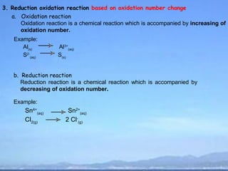 3. Reduction oxidation reaction based on oxidation number change
   a. Oxidation reaction
      Oxidation reaction is a chemical reaction which is accompanied by increasing of
      oxidation number.
    Example:
       Al(s)         Al3+(aq)
       S2-(aq)       S(s)


    b. Reduction reaction
       Reduction reaction is a chemical reaction which is accompanied by
       decreasing of oxidation number.

    Example:
        Sn4+(aq)         Sn2+(aq)
        Cl2(g)          2 Cl-(g)
 