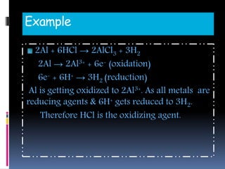 Example
2Al + 6HCl → 2AlCl3 + 3H2
2Al → 2Al3+ + 6e- (oxidation)
6e- + 6H+ → 3H2 (reduction)
Al is getting oxidized to 2Al3+. As all metals are
reducing agents & 6H+ gets reduced to 3H2.
Therefore HCl is the oxidizing agent.
 