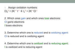 1. Assign oxidation numbers:
Cl2
0 + 2K+1 I-1  I2
0 + 2K+1Cl-1
2. Which ones gain and which ones lose electrons:
Cl gains electrons
I loses electrons
3. Determine which one is reduced and is oxidizing agent:
Cl is reduced and is oxidizing agent
4. Determine which one is oxidized and is reducing agent:
I is oxidized and is reducing agent
 