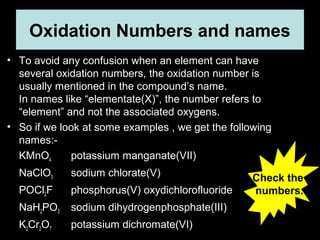 Oxidation Numbers and namesOxidation Numbers and names
• To avoid any confusion when an element can have
several oxidation numbers, the oxidation number is
usually mentioned in the compound’s name.
In names like “elementate(X)”, the number refers to
“element” and not the associated oxygens.
• So if we look at some examples , we get the following
names:-
KMnO4 potassium manganate(VII)
NaClO3 sodium chlorate(V)
POCl2F phosphorus(V) oxydichlorofluoride
NaH2PO3 sodium dihydrogenphosphate(III)
K2Cr2O7 potassium dichromate(VI)
Check the
numbers.
 