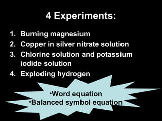 4 Experiments:
1. Burning magnesium
2. Copper in silver nitrate solution
3. Chlorine solution and potassium
iodide solution
4. Exploding hydrogen
•Word equation
•Balanced symbol equation
 