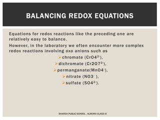 Equations for redox reactions like the preceding one are
relatively easy to balance.
However, in the laboratory we often encounter more complex
redox reactions involving oxo anions such as
chromate (CrO42-),
dichromate (Cr2O72-),
permanganate(MnO4-),
nitrate (NO3- ),
sulfate (SO42-).
BALANCING REDOX EQUATIONS
SHARDA PUBLIC SCHOOL , ALMORA CLASS XI
 