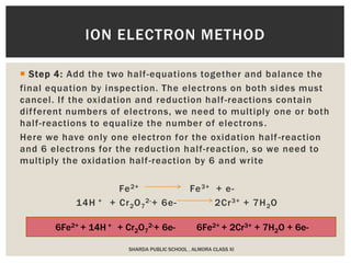 Step 4: Add the two half-equations together and balance the
final equation by inspection. The electrons on both sides must
cancel. If the oxidation and reduction half-reactions contain
different numbers of electrons, we need to multiply one or both
half-reactions to equalize the number of electrons.
Here we have only one electron for the oxidation half-reaction
and 6 electrons for the reduction half-reaction, so we need to
multiply the oxidation half-reaction by 6 and write
Fe2+ Fe3+ + e-
14H + + Cr2O7
2-+ 6e- 2Cr3+ + 7H2O
ION ELECTRON METHOD
6Fe2+ + 14H + + Cr2O7
2-+ 6e- 6Fe2+ + 2Cr3+ + 7H2O + 6e-
SHARDA PUBLIC SCHOOL , ALMORA CLASS XI
 